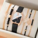 6pcs Square Quartz Watch Dainty Bracelets Set Women Black White Watch