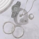 Women White Diamond Watch Ring Necklace Earrings Bracelet Set - Image 4