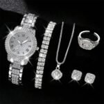 Women White Diamond Watch Ring Necklace Earrings Bracelet Set