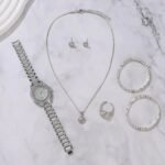 Women White Diamond Watch Ring Necklace Earrings Bracelet Set - Image 2