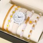 5pcs Set Of Creative Pentagram Daisy Pearl String Bracelet Watch - Image 4