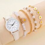 5pcs Set Of Creative Pentagram Daisy Pearl String Bracelet Watch